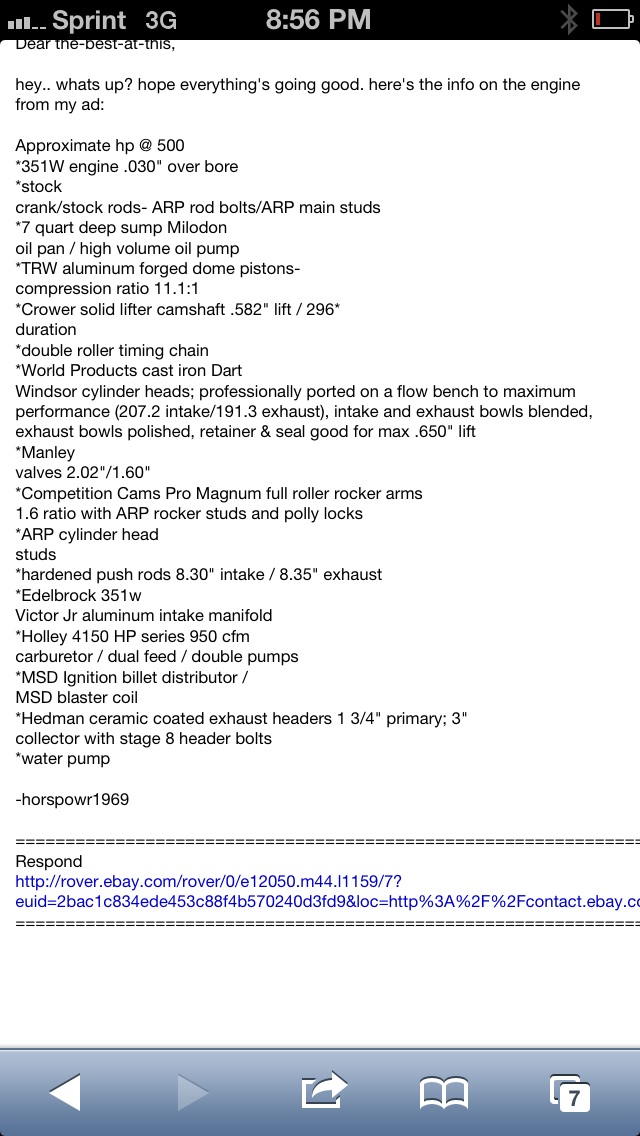 Document listing engine parts and specifications
