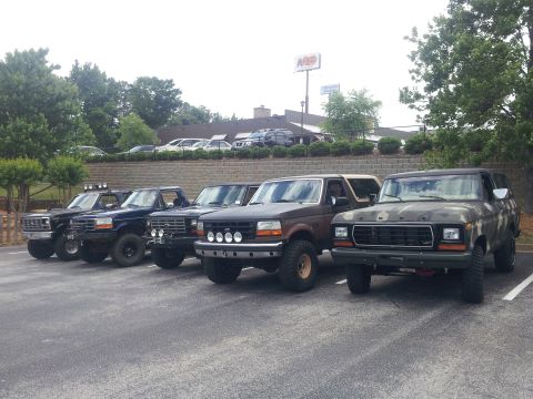 1986 Ford Bronco - Several Ford Bronco SUVs are lined up in a parking lot, with a sign for a restaurant in the background.