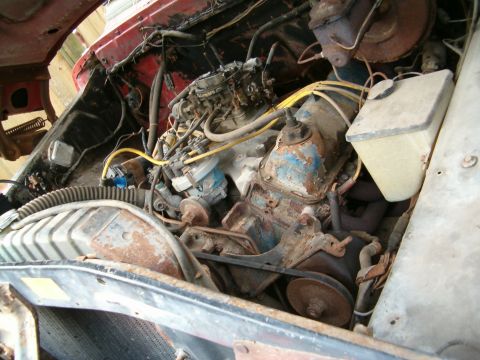 1979 Ford Bronco - The engine bay of a vehicle, showing the V8 engine, carburetor, and radiator with signs of wear and rust.