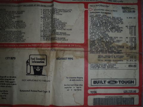 1997 Ford F-350 - Window sticker details for a 1997 Ford F-350, listing standard and optional equipment, pricing, and fuel economy information.