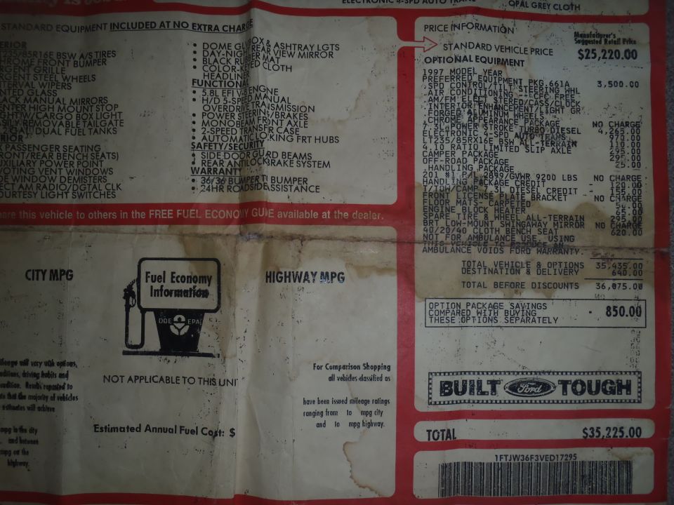 1997 Ford truck window sticker with standard and optional equipment, $25,220 base price and $35,225 total