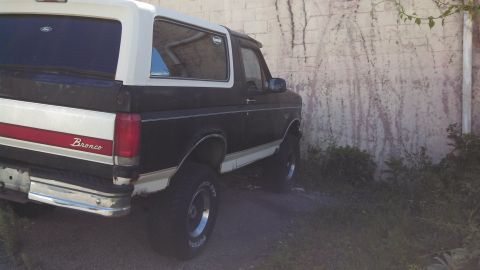 1993 Ford Bronco - Rear view of a 1993 Ford Bronco with two-tone paint and a red stripe.