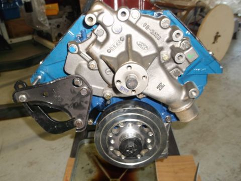 1970 Ford Mustang - Close-up of a Ford V8 engine block, showing the water pump and front pulley system.