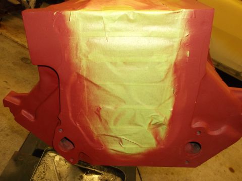 1964 Ford Galaxie - A red engine block is partially covered with yellow masking tape, likely for painting.