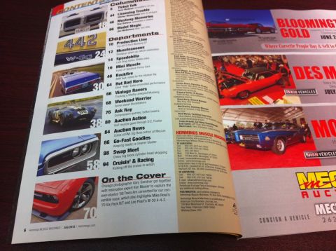2010 Dodge Challenger - A magazine spread displays various car features and auction advertisements, with a blue car prominently featured.