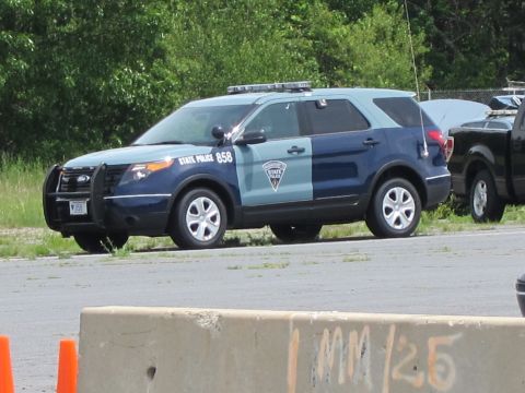 1991 Ford LTD Crown Victoria - A two-tone police SUV, marked "STATE POLICE 858", is parked on the side of the road.