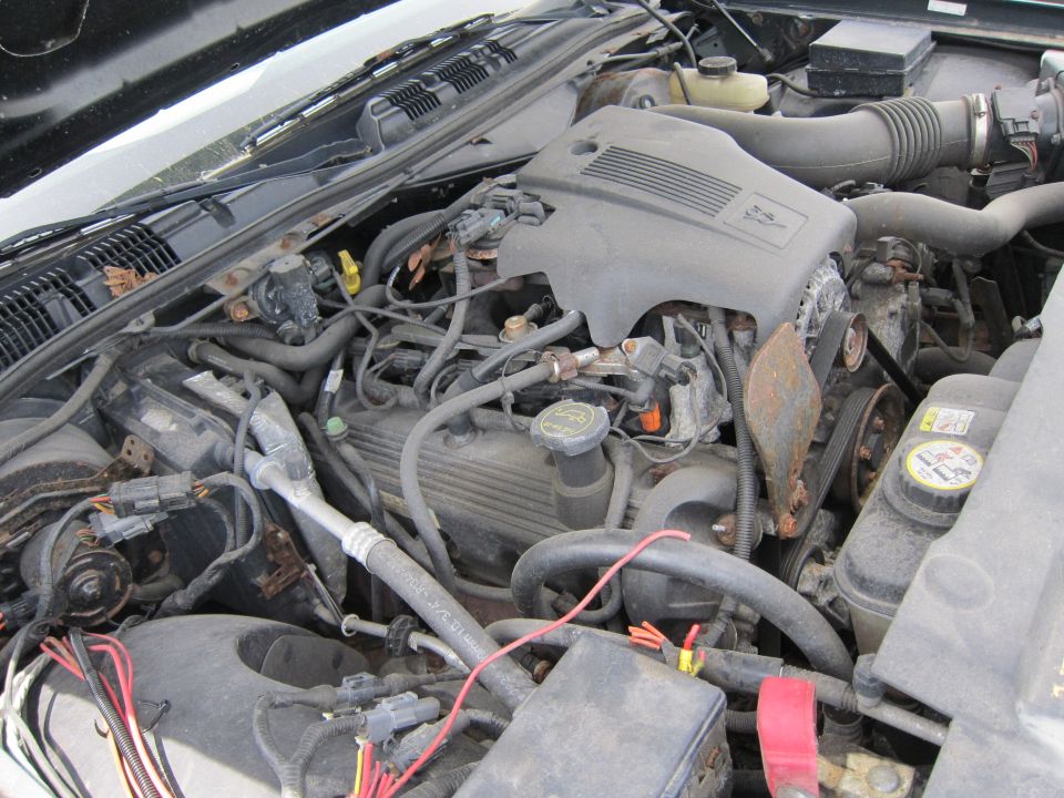 Engine bay with V8 engine components and wiring