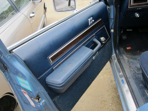 2001 Ford Crown Victoria - Interior view of a blue door panel with wood trim and a fabric armrest, showing a second vehicle in the background.