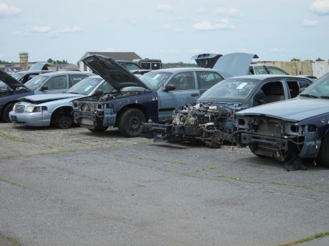 1991 Ford LTD Crown Victoria - Several Ford Crown Victorias are parked in a junkyard, some with hoods open and parts missing.