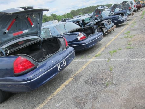 1991 Ford LTD Crown Victoria - A line of blue police cars, some with open trunks, are parked in a lot under a cloudy sky.
