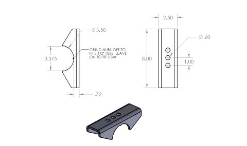 1995 Ford Bronco - Dimensioned CAD part drawing of a tube saddle bracket with grind notes, hole pattern and an isometric view.