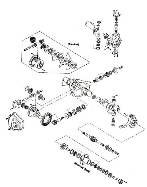 1995 Ford Bronco - Exploded view of a complete front axle and differential assembly showing Trac-Lok, steering knuckles and axle shafts.