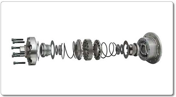 Exploded view of a limited-slip differential carrier showing gears, clutch packs, springs and case halves in a row