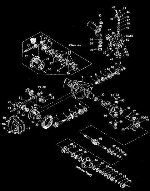 1995 Ford Bronco - Exploded parts breakdown of a front drive axle showing the housing, differential, steering knuckle, hubs and axle shafts with numbered call…