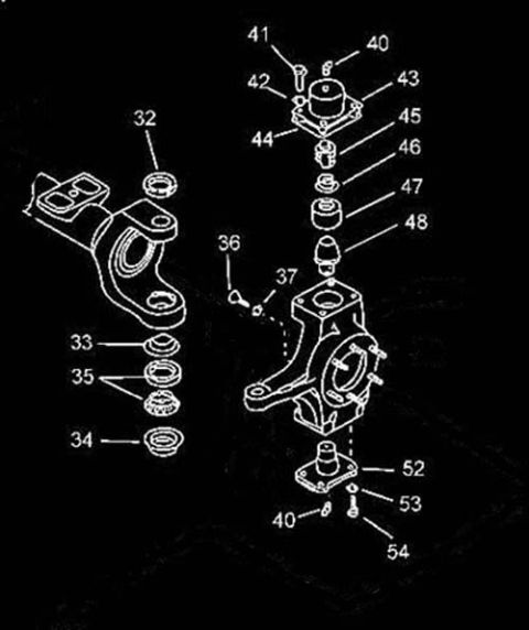 1995 Ford Bronco - Exploded parts breakdown of a steering knuckle and king pin assembly showing bushings, bearings, seals and spacers with numbered callouts.