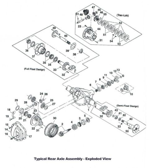 1995 Ford Bronco - Exploded parts breakdown of a typical rear axle assembly showing full-float and semi-float designs with numbered bearings, gears and shafts.