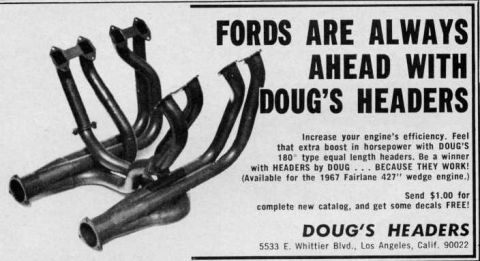 1972 Ford Ranchero - Advertisement for Doug's Headers, a set of exhaust headers and providing contact information.