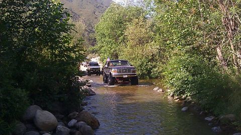 1988 Ford Bronco - Two Ford Broncos navigate a rocky riverbed surrounded by lush green foliage.