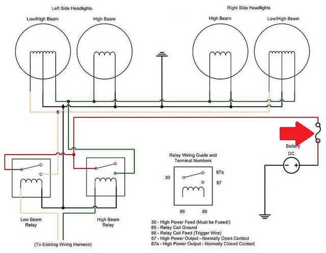 Headlight relay wiring diagram with low and high beam relays and terminal guide