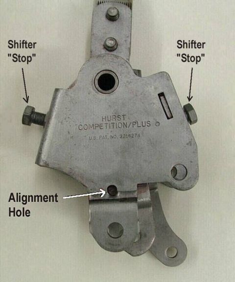 1973 Ford Ranchero - This metal component is identified as a Hurst Competition/Plus shifter part, labeled adjustment points.