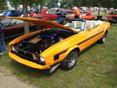 1988 Ford Bronco - A bright yellow convertible with its hood open is displayed on a grassy field, revealing its engine and interior.