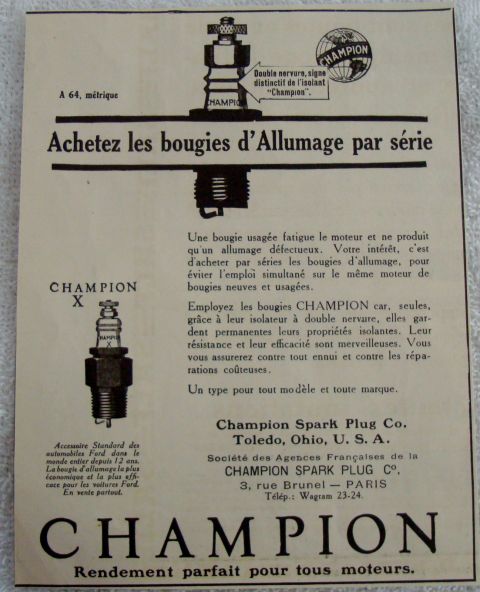1915 Ford Model T - This document is an advertisement for Champion spark plugs, detailing their features and benefits.