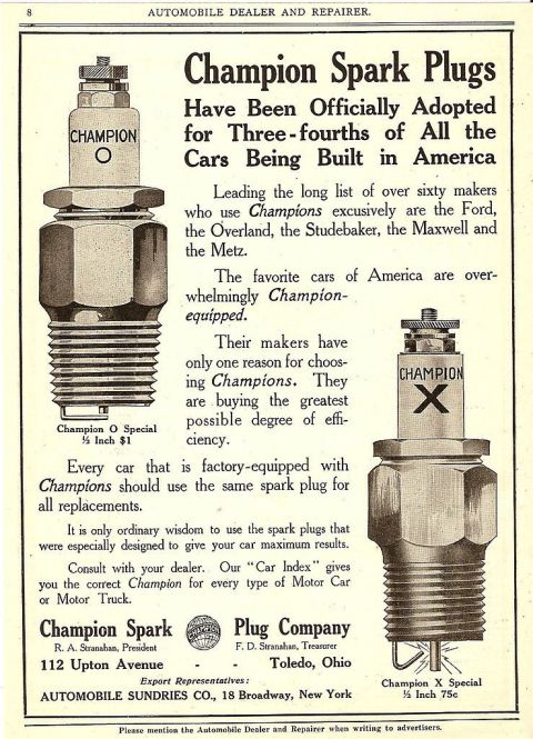 1915 Ford Model T - This vintage advertisement highlights Champion spark plugs and their widespread use in automobiles of the era.