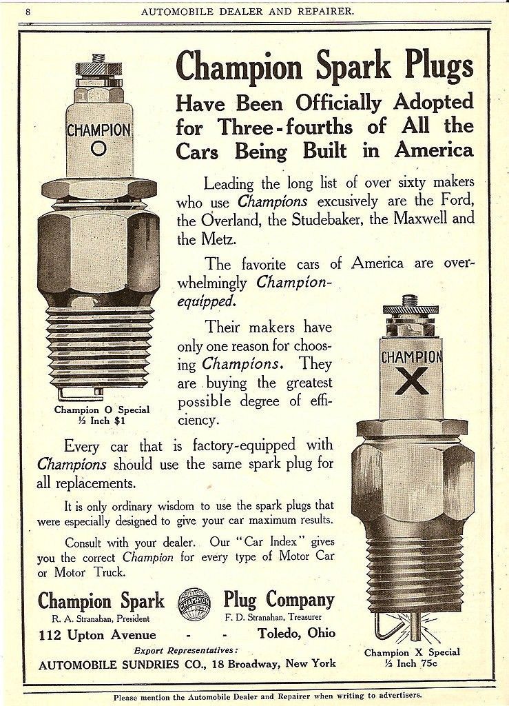 Advertisement for Champion spark plugs, showing two different models and text about their adoption by car manufacturers
