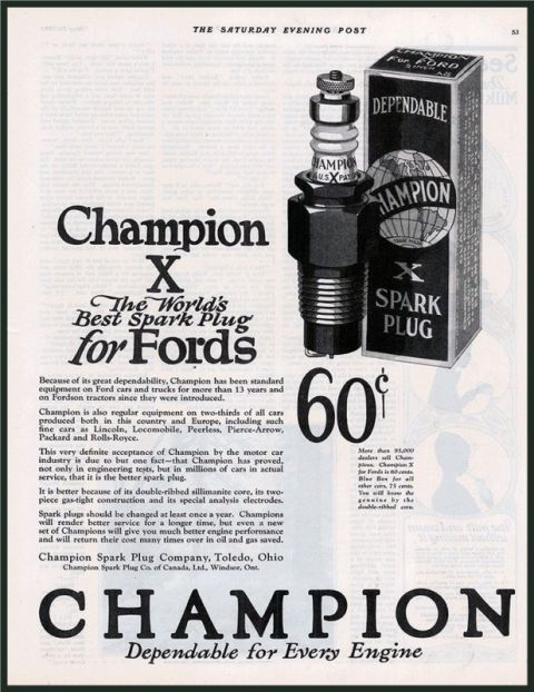 1915 Ford Model T - Advertisement for Champion X spark plugs, highlighting their suitability for Fords and other vehicles.