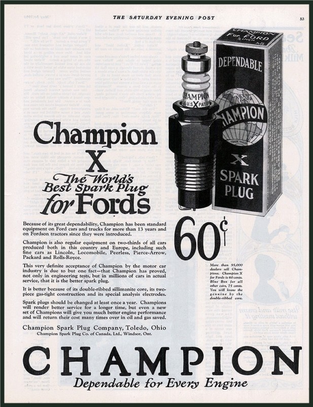 Advertisement for Champion X spark plug with box and text