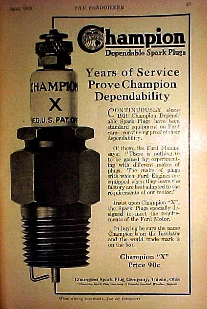 1915 Ford Model T - Advertisement for Champion Dependable Spark Plugs, highlighting their use in Ford engines since 1911.