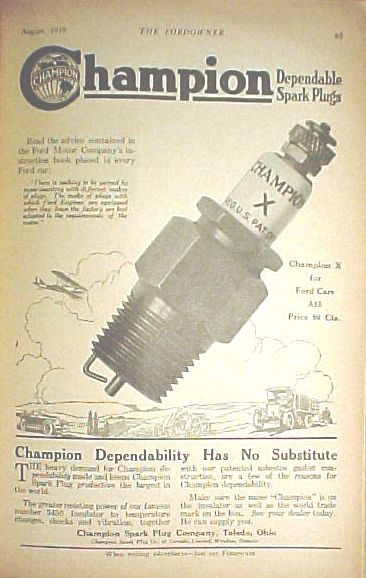 1915 Ford Model T - This document is an advertisement for Champion spark plugs, showing a large spark plug and illustrations of early vehicles.