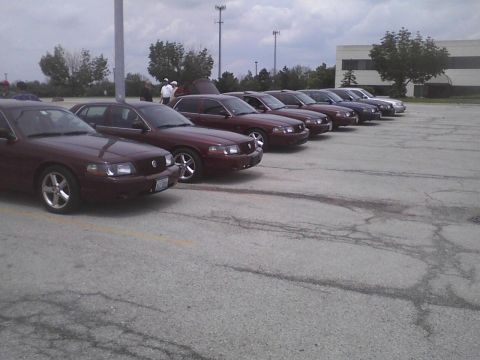 2003 Ford Crown Victoria - A line of maroon 2003 Ford Crown Victorias are parked in a lot.