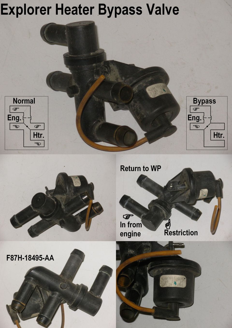 Black Ford heater bypass valve with hose ports, vacuum line, and flow diagrams
