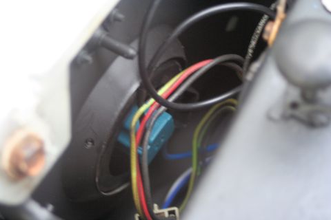 1976 Ford Ranchero - Detail of automotive wiring harness, showing multiple colored wires and a blue connector block.