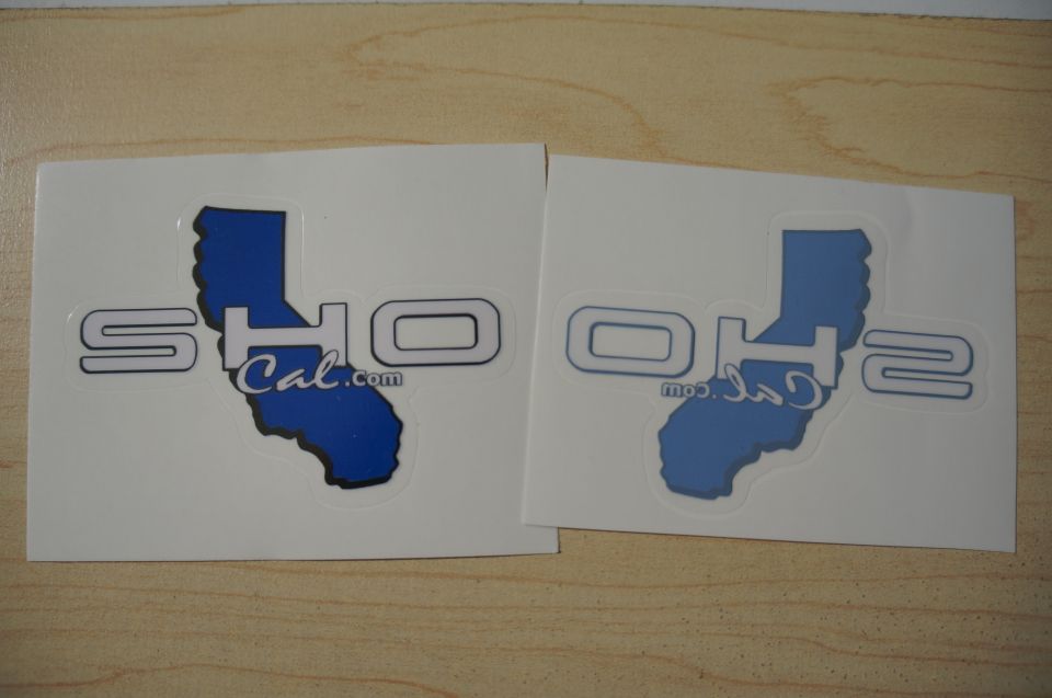 Two SHOCal.com stickers California outline