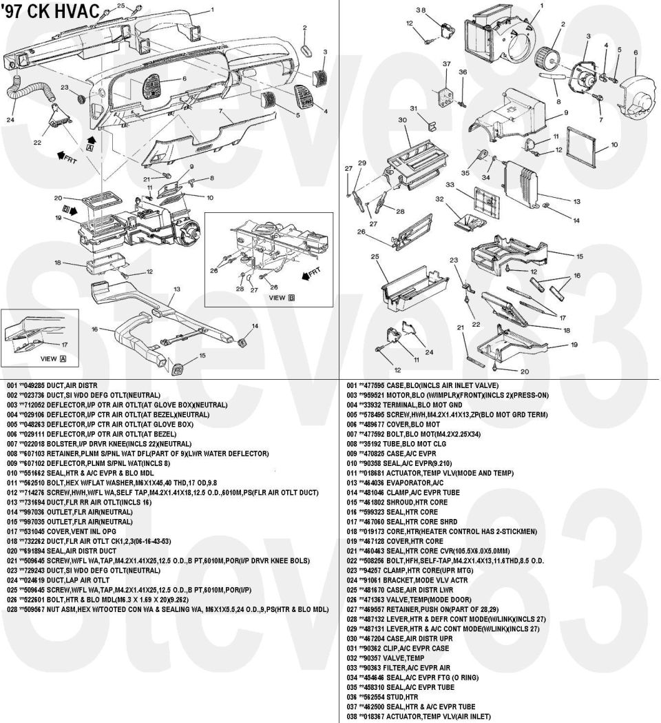 1997 CK HVAC exploded parts diagram with ducts, case and labeled part numbers