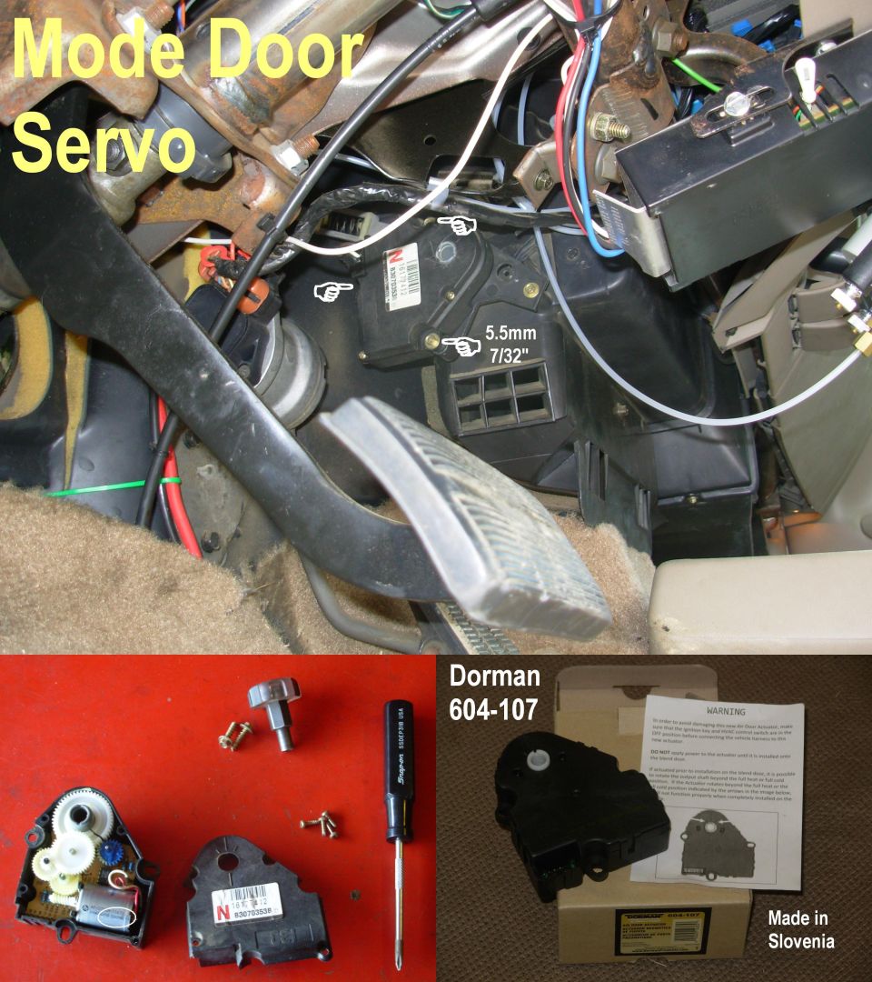 Mode Door Servo
IF THE IMAGE IS TOO SMALL, click it.

When I noticed that the airflow & temperature didn't respond to the dash controls, I found that the blend door had come off its shaft, and the servo gear (lower L pic) had split, releasing it from its shaft.

I worked the door back into place just by reaching into the dash above & forward from the servo, and replaced the servo with a Dorman LLT.

Later, I added a small clip to keep the shaft from sliding out again.