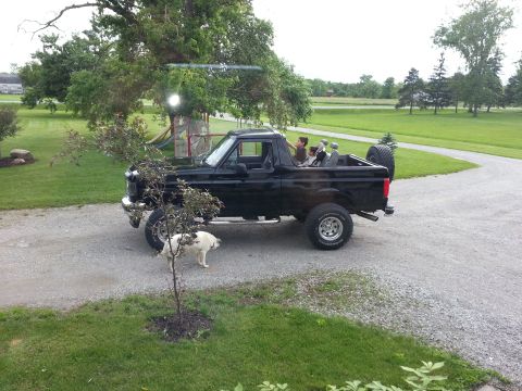 1995 Ford Bronco - This black 1995 Ford Bronco is seen from the side with children in the open rear and a dog in the front yard.