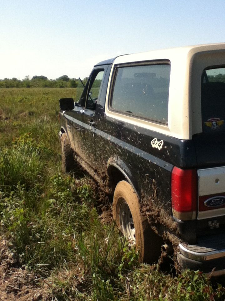 Mud-covered black Ford Bronco with a white top stuck in tall grass and mud. The 4x4 decal is visible on the rear quarter panel