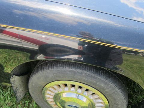 2001 Ford Crown Victoria - A dented black car fender with gold pinstripes and a chrome wheel is shown from the side.