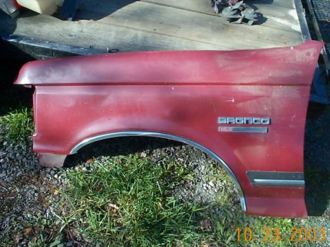 1983 Ford Bronco - Driver side fender, good, has a small dent on top ~ $10
