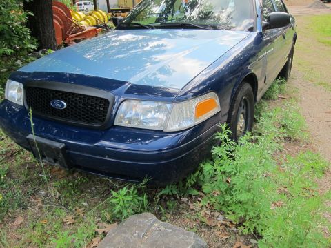 2001 Ford Crown Victoria - Dark blue Ford Crown Victoria police car with a two-tone hood sits in overgrown grass.