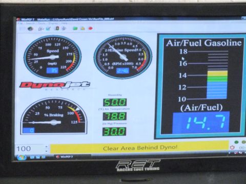 2003 Ford Crown Victoria - DynoJet WinPEP run screen labeled David Crown Vic shows speed, RPM and braking gauges with an air/fuel reading of 14.7.