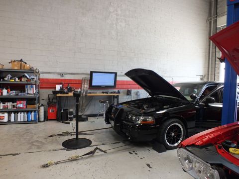 2003 Ford Crown Victoria - black sedan with its hood up sits on a dyno near a two-post lift, with garage shelving, a fan and a wall monitor in the background.