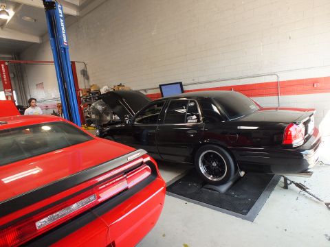 2003 Ford Crown Victoria - black full-size sedan sits on the dyno in rear three-quarter view, parked beside a red Dodge Challenger in the shop.