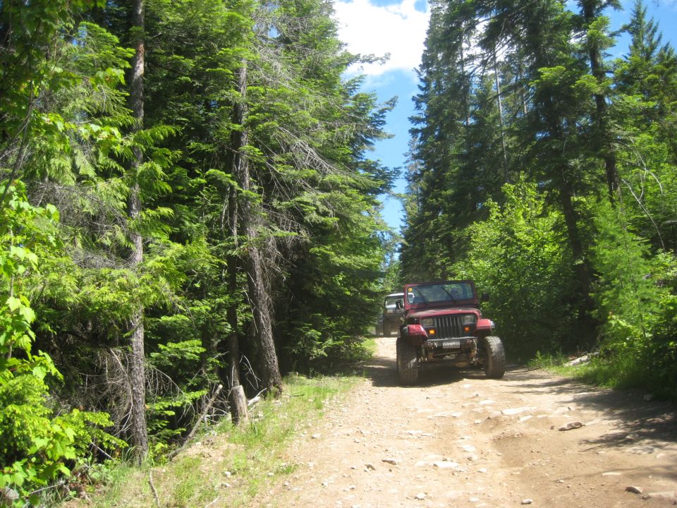 Red Jeep Wrangler driving on a dirt road through a forest. Another Jeep is visible ahead