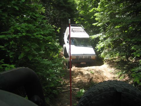 2005 Jeep Wrangler - A white SUV navigates a wooded trail, its front grille and roof rack clearly visible.