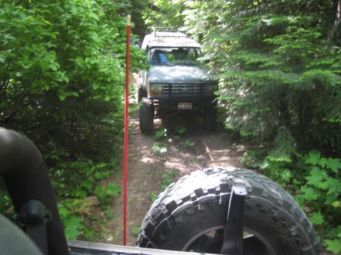 2005 Jeep Wrangler - Two off-road vehicles navigate a wooded trail, with one prominently in the foreground.