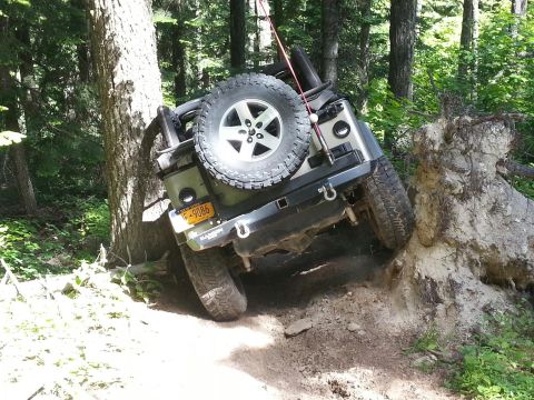 2005 Jeep Wrangler - A 2005 Jeep Wrangler navigates a challenging off-road trail, tilted precariously on a dirt path beside a large tree.